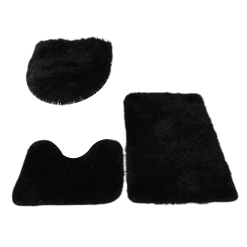 3 Teiliges Badezimmerteppich Set Bestehend Aus Badvorleger Konturmatte Und Toilettendeckelbezug Maschinenwaschbare Mikrofaser Und Rutschfeste Badvorleger Mit Gummi Rückseite Einfarbig (Schwarz) von Wedhapy