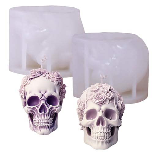Halloween-Silikonformen: 2 Stück 3D-Blumen-Totenkopf-Kerzenform mit transparenter Textur, leicht zu reinigen und zu entformen, auffällige Totenkopf-Dekoration für Zuhause, Geschäft, Spukhaus Halloween-Silikonformen: 2 Stück 3D-Blumen-Totenkopf-Kerzenform mit transparenter Textur, leicht zu reinigen und zu entformen, auffällige Totenkopf-Dekoration für Zuhause, Geschäft, Spukhaus von Wedhapy