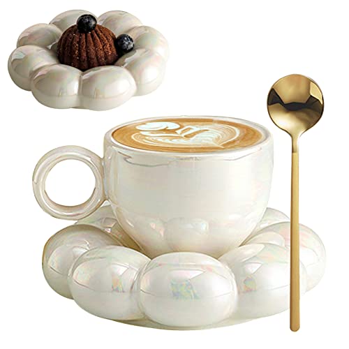 Keramikkaffeetasse mit Löffel Reise Sonnenblumen Cloud Tasse mit Untertasse 200 ml Nachmittagstee Tasse für Latte, Cappuccino weißer Tee Tasse und Untertassen Set Cloud Tasse Sonnenblume Becher Kaff von Wedhapy
