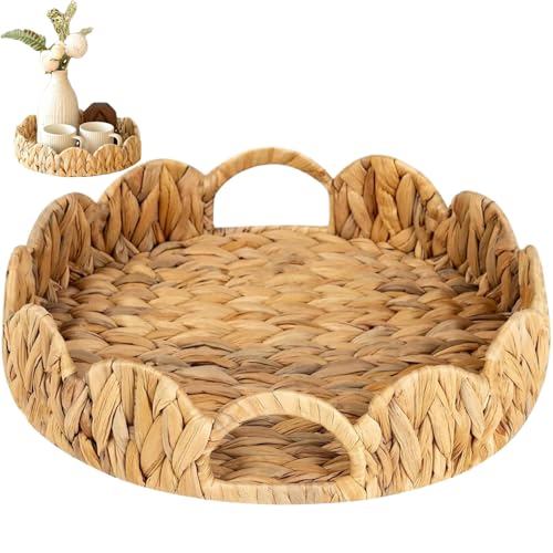 Mit Gekibeledkorb, Wasserhyazinth gewebter Korbschale, 12 Zoll runde Rattan Tablett mit Griff, Rattan Servierschale für Esstisch, Eitelkeit, Schlafzimmer, Küchenbackkorb mit überbrochenem Gerät mit von Wedhapy