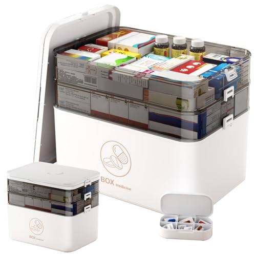 Wedhapy Erste-Hilfe-Kasten Medikamenten-Aufbewahrungsbox 3-stöckig tragbare PP-Erste-Hilfe-Aufbewahrungsbox mit Verschlussschnalle und Zwei Fächern unterteilter Medikamentenbox-Organizer weiß von Wedhapy