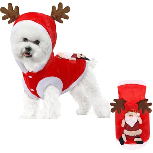 Wedhapy Hunde Rentier Kostüm Haustier Weihnachtskleidung mit Geweih Kapuze niedlich Santa Katze Hund Weihnachtssoutfit Flanell Thermal Winter Herbst Haustier Weihnachtskostüm Größe S von Wedhapy