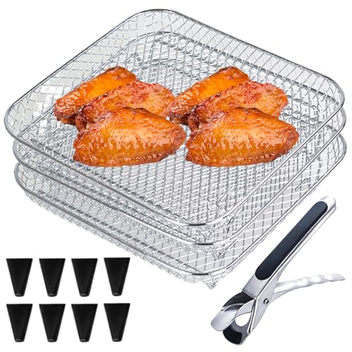 Wedhapy Luftfritteusen Regal aus lebensmittelechtem Edelstahl 3 lagig stapelbares Luftfritteusen Regal mit 8 Silikonfüßen 1 Pinzette und 1 Bürste für Ofen Airfryer Zubehör quadratisch von Wedhapy