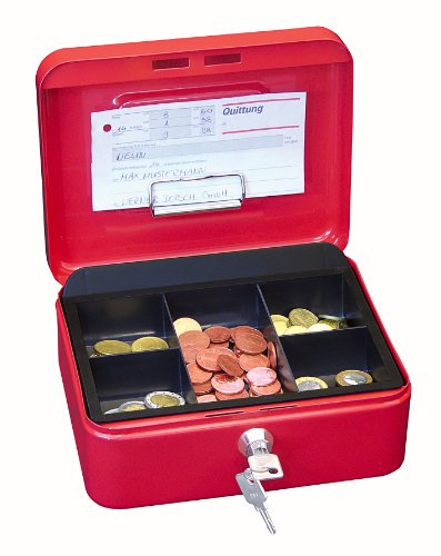 Wedo 145202H Geldkassette (aus pulverbeschichtetem Stahl, versenkbarer Griff, Geldnoten- und Belegeklammer, 5-Fächer-Münzeinsatz, Sicherheits-Zylinderschloss, 20 x 16 x 9 cm) rot von WEDO