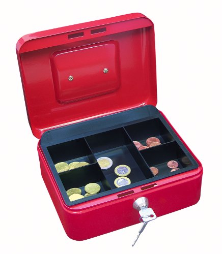 Wedo 145202X Geldkassette (aus pulverbeschichtetem Stahl, versenkbarer Griff, 5-Fächer-Münzeinsatz, Sicherheits-Zylinderschloss, 20 x 16 x 9 cm) rot von WEDO