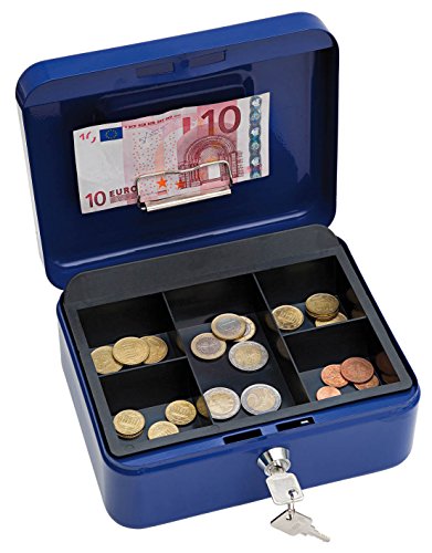 Wedo 145203H Geldkassette (aus pulverbeschichtetem Stahl, versenkbarer Griff, Geldnoten- und Belegeklammer, 5-Fächer-Münzeinsatz, Sicherheits-Zylinderschloss, 20 x 16 x 9 cm) blau von WEDO