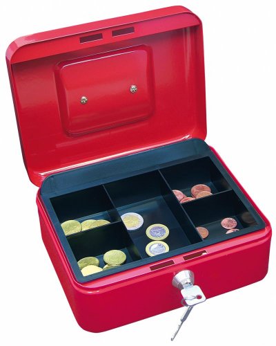 Wedo 145302X Geldkassette (aus pulverbeschichtetem Stahl, versenkbarer Griff, 5-Fächer-Münzeinsatz, Sicherheits-Zylinderschloss, 25 x 18 x 9 cm) rot von Wedo