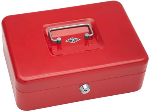 Wedo 145302X Geldkassette (aus pulverbeschichtetem Stahl, versenkbarer Griff, 5-Fächer-Münzeinsatz, Sicherheits-Zylinderschloss, 25 x 18 x 9 cm) rot von Wedo