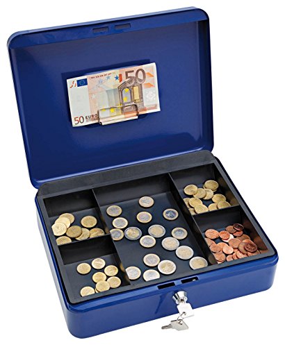 WEDO 145403H Geldkassette aus pulverbeschichtetem Stahl, Geldnoten- und Belegeklammer, 5-Fächer-Münzeinsatz, Sicherheits-Zylinderschloss, Blau, 30 x 24 x 9 cm von WEDO