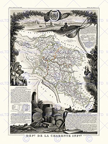 Wee Blue Coo Map Antique Illustrated France Levasseur Charente Inferior Art Print HP1442 von Wee Blue Coo