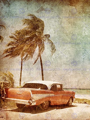 Painting Drawing Vintage CAR Tropical Palm Beach Art Print Poster Farbe Zeichnung Jahrgang TROPISCH Strand Kunstdruck von QUALITY FINE ART PRINTS