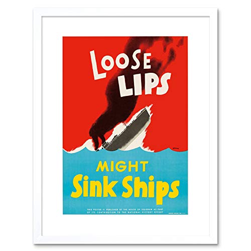 Wee Blue Coo ADVERT WAR WWII LOOSE LIPS SINK SHIPS TORPEDO BLACK FRAMED ART PRINT B12X6940 von Wee Blue Coo