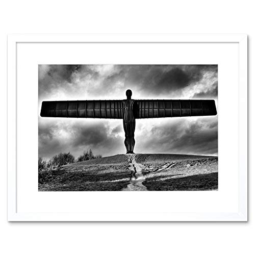Angel Of The North Black And White Art Print White Framed Poster Wall Decor 12x16 inch Wand Deko von Wee Blue Coo