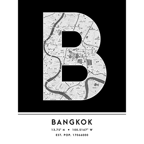Bangkok Thailand City Map Black & White Colour Block Modern Typography Stylish Letter Unframed Word Wall Art Print Poster for Home Décor CITYMAP1 Stadt Karte Schwarz-Weiss Farbe Typografie Mauer Heim von Wee Blue Coo