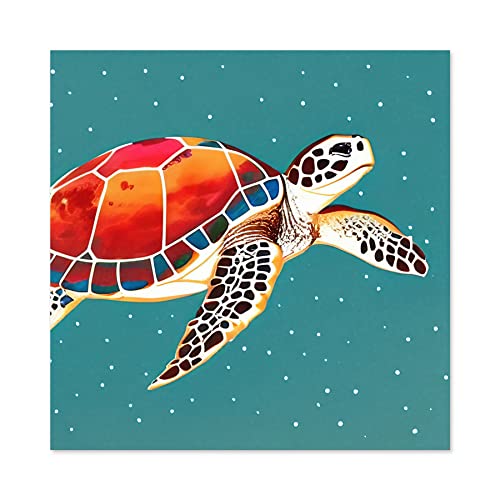 Loggerhead Turtle Red Blue Shell Animal Watercolour Ink Stamp Premium Wall Art Canvas Print 24X24 Inch von Wee Blue Coo