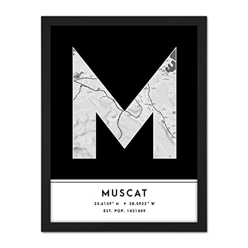 Muscat Oman City Map Black & White Colour Block Modern Typography Stylish Letter Framed Word Wall Art Print Poster for Home Décor CITYMAP1 Stadt Karte Schwarz-Weiss Farbe Typografie Mauer Heim von Wee Blue Coo