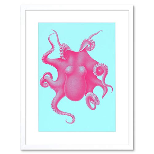 Wee Blue Coo Pink Octopus Vintage Illustration Art Print Framed Poster Wall Decor 12x16 inch Rosa Jahrgang Wand Deko von Wee Blue Coo