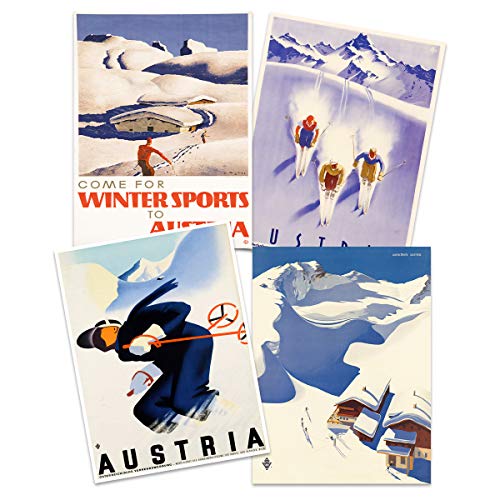 Wee Blue Coo Austria Skiing Travel Winter Sport Snow Alps Unframed Wall Art Print Poster Home Decor Premium Pack of 4 Österreich Skifahren Reise Schnee Alpen Wand Zuhause Deko von Wee Blue Coo