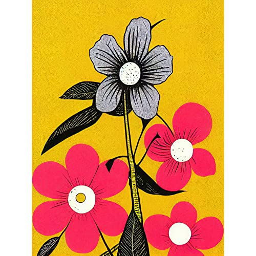 Wee Blue Coo Bold Flowers Linocut Pink and Mustard Yellow Print Large XL Wall Art Canvas Print von Wee Blue Coo