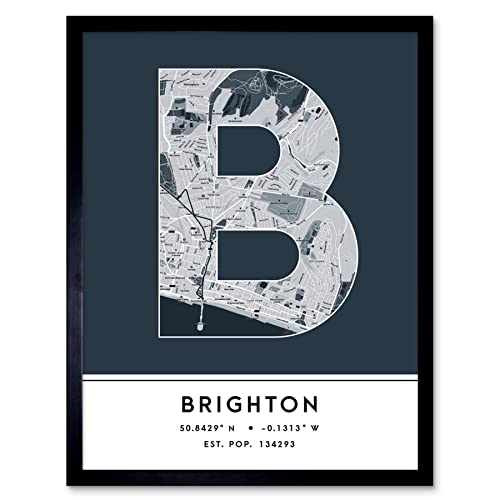 Wee Blue Coo Brighton England City Map Wandbild, Motiv: Stadtkarte Großbritannien, Schwarz und Weiß, Farbblock, moderne Typografie, stilvoller Buchstabe, gerahmt von Wee Blue Coo