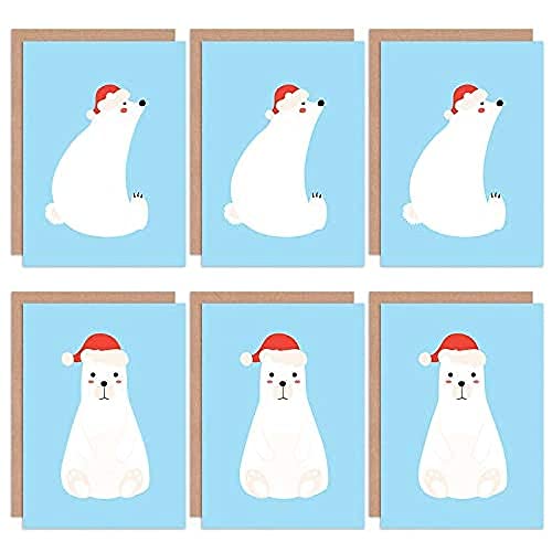 Wee Blue Coo Christmas Cards x6 Cute Polar Bear Kids Santa Hat (2 Designs) Christus Süß Bär Kinder von Wee Blue Coo