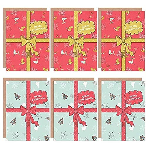 Wee Blue Coo Christmas Cards x6 Present Ribbon Gift Snowflake (2 Designs) Christus Geschenk Schnee von Wee Blue Coo