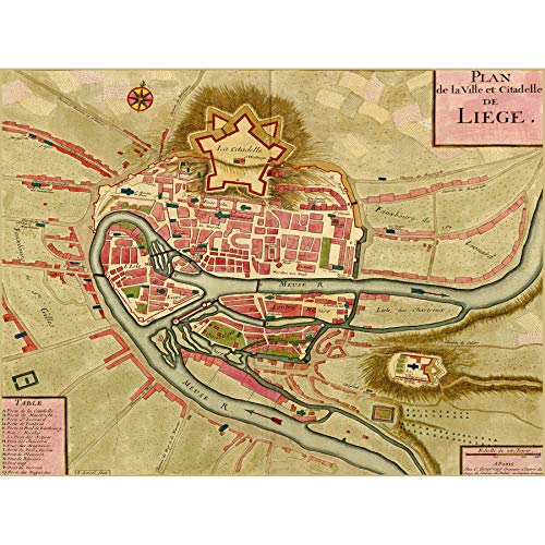 Wee Blue Coo Kunstdruck auf Leinwand, Motiv "Old Plan Citadel Village Liege Fluss Meuse", Belgien von Wee Blue Coo
