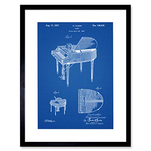 Wee Blue Coo Piano Blueprint Artwork Framed Wall Art Print 12X16 Inch Blau Wand von Wee Blue Coo