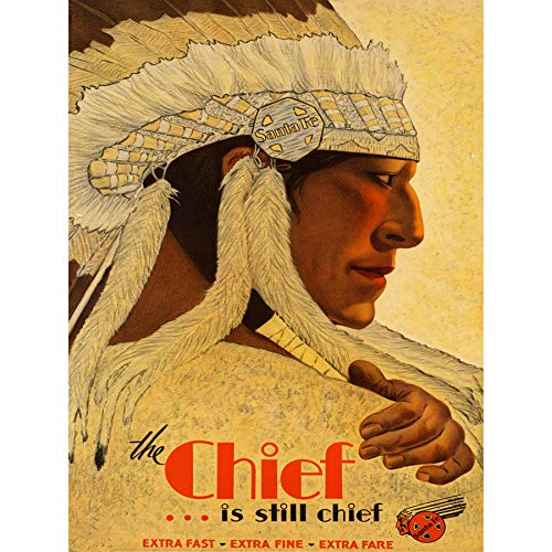 TRAVEL NATIVE AMERICAN CHIEF TRAIN RAIL SERVICE SANTA FE USA FINE ART PRINT POSTER 30x40cm Reise Muttersprache Amerika CHEF Zug Schiene BEDIENUNG SANKT Vereinigte Staaten von Amerika Kunstdruck von Wee Blue Coo