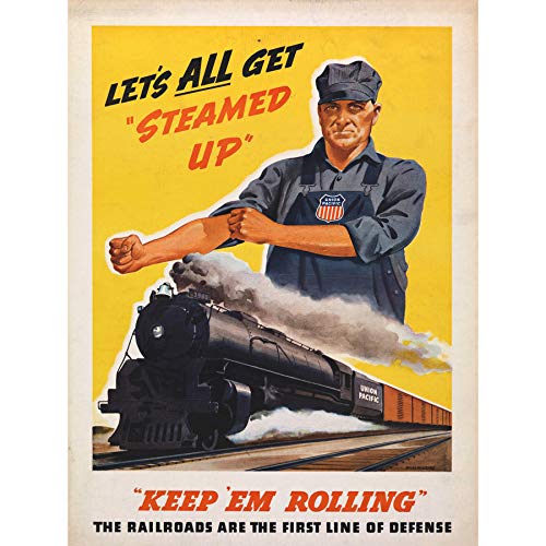 Wee Blue Coo Prints Propaganda WAR Keep EM Rolling Steamed UP Train Railroads FINE Art Print Poster 30x40cm Krieg Dampf Zug Schiene Werbung Kunstdruck von Wee Blue Coo