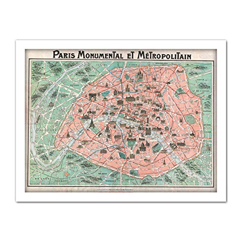 Wee Blue Coo Robelin Paris Monument Map French Artwork Framed Wall Art Print 18X24 Inch Karte Französisch Wand von Wee Blue Coo