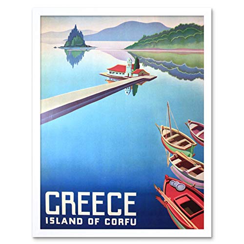 Wee Blue Coo Travel Island Corfu Greece Boats Pier Art Print Framed Poster Wall Decor Kunstdruck Poster Wand-Dekor-12X16 Zoll von Wee Blue Coo