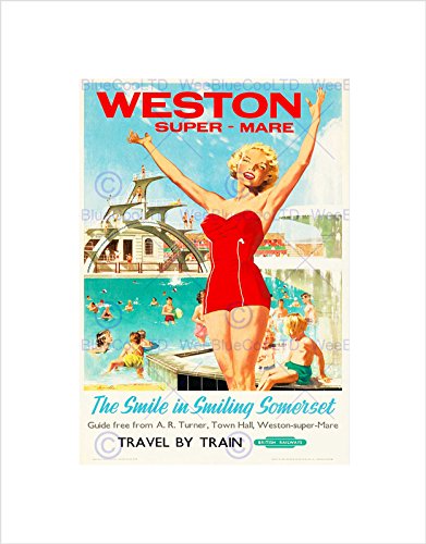 TRAVEL WESTON SUPER MARE SOMERSET UK POOL SUN SWIM FUN TRAIN ART PRINT B12X7338 von Wee Blue Coo