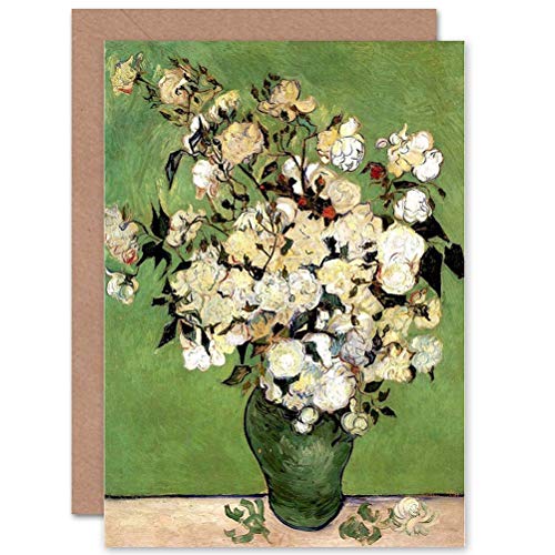 Wee Blue Coo VINCENT VAN GOGH A VASE OF ROSES 1890 OLD MASTER BLANK GREETINGS CARD von Wee Blue Coo