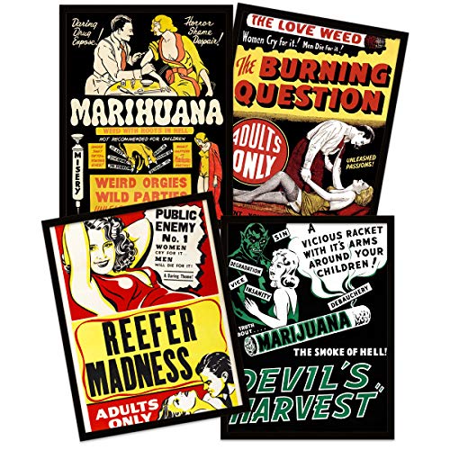 Weed Reefer Madness Cannabis Marijuana Drugs Black Framed Wall Art Print Poster Home Decor Premium Pack of 4 Wand Zuhause Deko von Wee Blue Coo