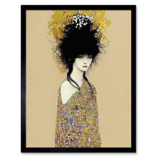 Woman in Klimt Style Dress Gold Black Painting Art Print Framed Poster Wall Decor 12x16 inch von Wee Blue Coo