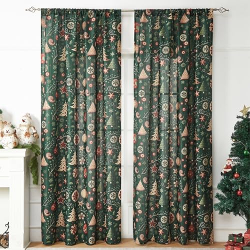WeeQil Gardinen Vorhang Schal Modern Lang 2er Set Halbtransparent Weihnachten mit Weihnachtsmotiv Lange Weihnachtsgardinen Wohnzimmer Schlafzimmer 140 cm Breit 2 Stück HxB 160x140cm von WeeQil