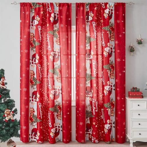 WeeQil Gardinen Vorhang Schal Modern Lang 2er Set Halbtransparent Weihnachten mit Weihnachtsmotiv Lange Weihnachtsgardinen Wohnzimmer Schlafzimmer 140 cm Breit 2 Stück HxB 160x140cm von WeeQil