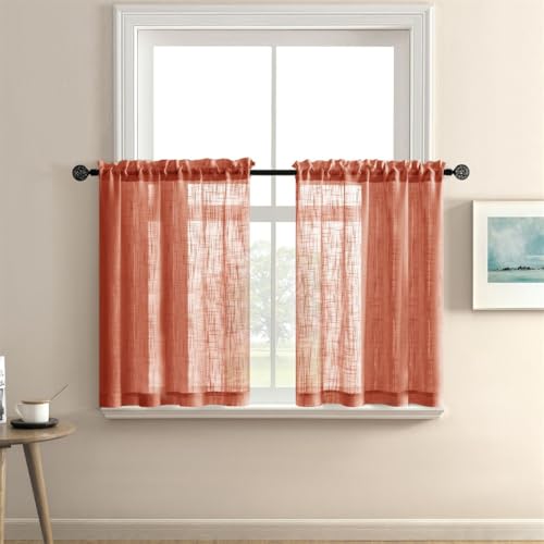 WeeQil Küchen Scheibengardinen Kurzstores Gardinen 2er Set Leinen Kurz Fenster Halbtransparent Leinenoptik Kurz Küche Modern Fensterschal Landhausstil für Kleinfenster 2 Teilig Stück von WeeQil