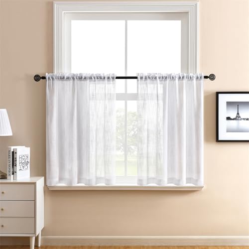 WeeQil Küchen Scheibengardinen Kurzstores Gardinen 2er Set Leinen Kurz Fenster Halbtransparent Leinenoptik Kurz Küche Modern Fensterschal Landhausstil für Kleinfenster 2 Teilig Stück von WeeQil