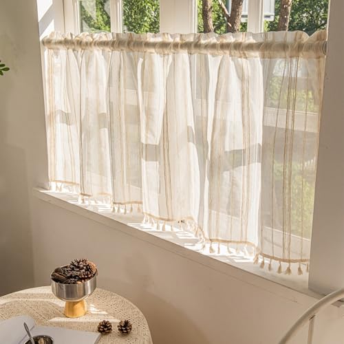 WeeQil Scheibengardine Halbtransparent Bistro Kurz Modern Küche für Kleine Fenster Bistrogardine Küchen Gardinen Landhaus Vorhänge Quasten Wohnzimmer 1 Stück, Höhe 30 45 60 cm Hoch, Beige HxB 45x90cm von WeeQil