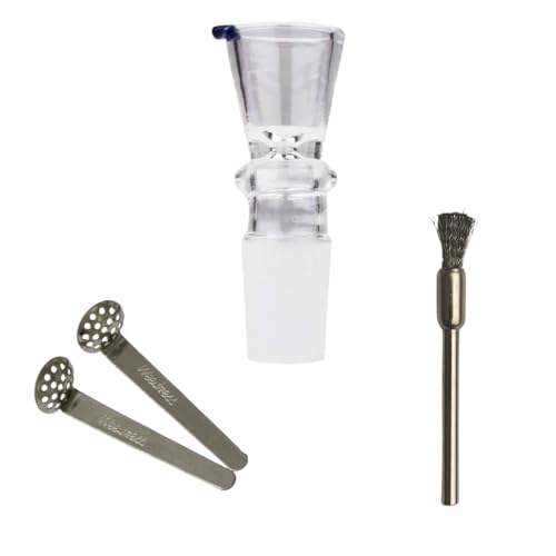 Weedness Bong Glas Kopf 14,5 mm Schliff + Siebkratzer + Siebe - Flutsch Kopf Köpfchen Chillum Steckkopf Bong Aufsatz Zubehör Adapter Trichter Form von Weedness