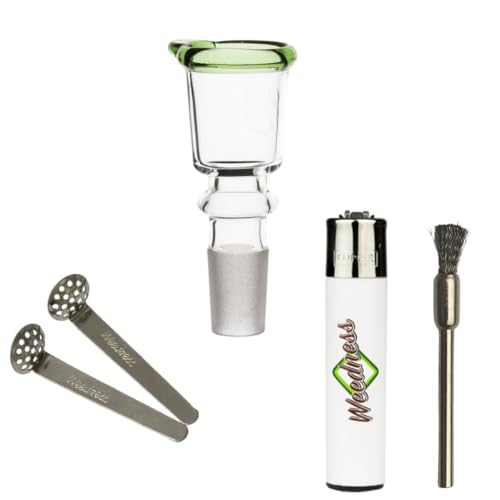 Weedness Bong-Glas-Kopf 14,5 mm Schliff mit Grünem Rand Zylinder 4-teiliges Set - Köpfchen Chillum Steckkopf Bong Aufsatz Zubehör Adapter von Weedness