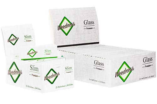 Weedness Glas Long-Papers Box King Size + Filter Tips Box - Transparent Glass Papers Long King Size Longpaper Smoking Paper Rolling von Weedness