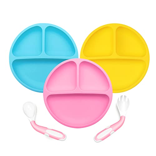 Babyteller Kinderteller mit Saugnapf Set,Silikon Rutschfester Kinderteller,Baby Teller mit Löffel Gabel,197*34mm Babyteller BPA Frei,Baby Tischset für Baby Kleinkind und Kinder(Blau Gelb Rosa) von Weeme