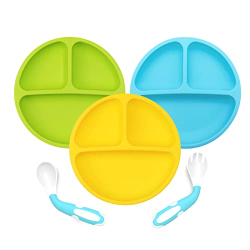 Weeme Babyteller Kinderteller mit Saugnapf Set,Silikon Rutschfester Kinderteller,Baby Teller mit Löffel Gabel,197*34mm Babyteller BPA Frei,Baby Tischset für Baby Kleinkind und Kinder(Blau Grün Gelb) von Weeme