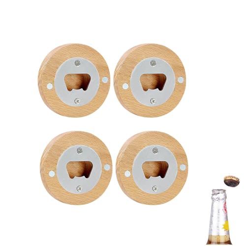 Weenwill Flaschenöffner,4 PCS Runde Gravierbare Bieröffner aus Holz mit Magnetischem Fuß,Bierflaschenöffner aus Bambus und Edelstahl,Kompakt und Langlebig für Zuhause Bar von Weenwill