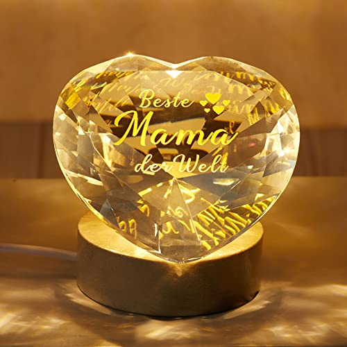 Weewooday Beste Mama der Welt Muttertagsgeschenke für Mama 8 x 8 cm Herzförmiger Gravierter Kristall und Rundem LED Leuchtsockel Geschenk für Weihnachten Geburtstag Ornament von Weewooday