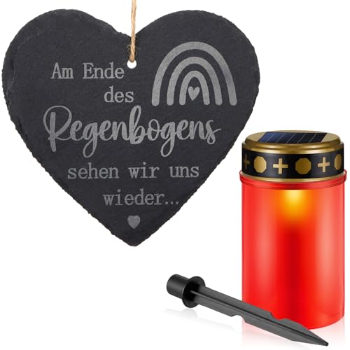 Weewooday Grabschmuck Set Solar LED Grablicht mit Erdspieß Schiefertafel in Herzform Schieferherz mit Gravur LED Grabkerze mit Flackereffekt Wetterfest Schieferplatte für Grabdeko Erinnerung (Rot) von Weewooday