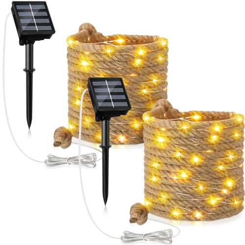 Weewooday Solar Seil Lichterkette, 6,6 m IP65 Beleuchtete Lampe, Sisalstern Gartenleuchte Fee Lichterkette mit 70 LEDs für Außenbereich Garten Terrasse Balkon Deko, Warmweiße 3200k (2 Stück) von Weewooday